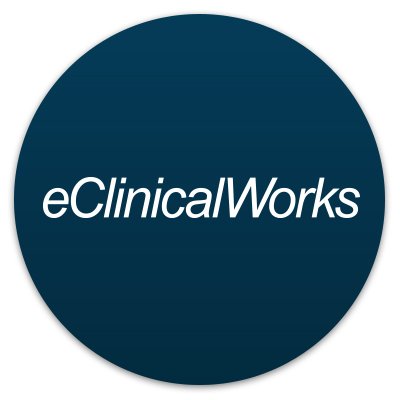 eClinicalWorks logo, modern blue and white text with tech style