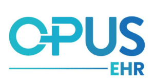 Opus EHR logo, clean black and white text with stylized O