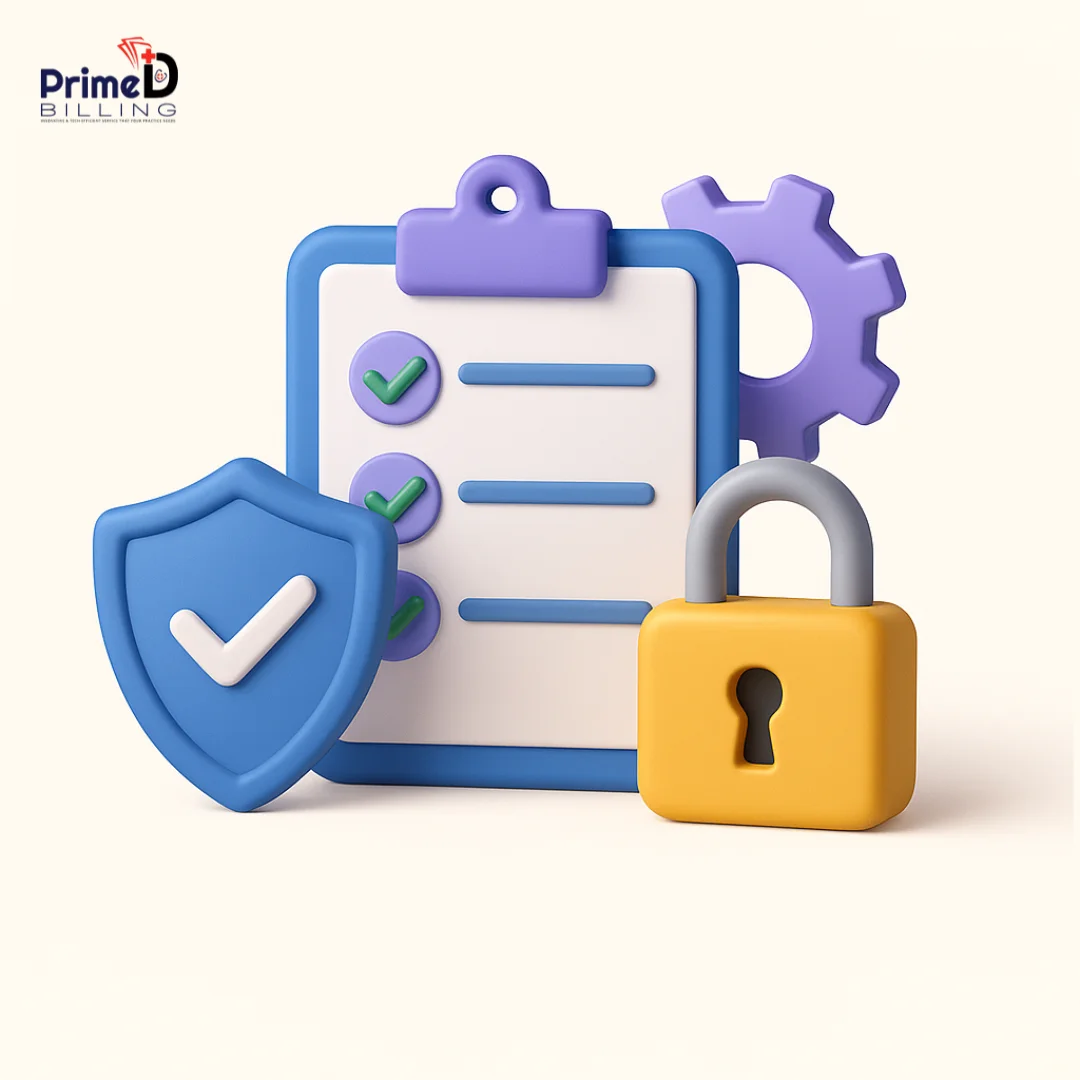 Modern digital security illustration with shield, lock, and compliance icons in blue tones